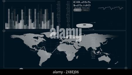 Bild des Scope-Scans über Diagramme und Weltkarte auf schwarzem Hintergrund Stockfoto