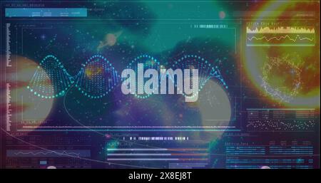 Digitales Komposit des Science Composition Universe kombiniert mit animierter DNA Stockfoto