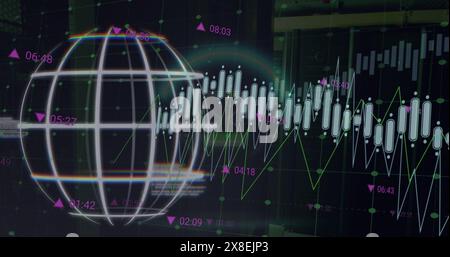 Bild der Globe, mehrere Diagramme mit wechselnden Zahlen und Handelstafel über dem Datenserverraum Stockfoto