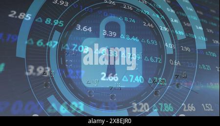 Bild des Vorhängeschlosses in Ladekreisen, wechselnde Zahlen, Handelstafel über abstraktem Hintergrund Stockfoto