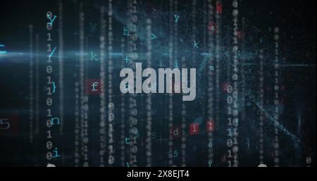 Abbildung mehrerer Symbole in Kreisen, Binärcodes, Vorhängeschloss, Texten, Buchstaben, Zahlen und Symbole Stockfoto