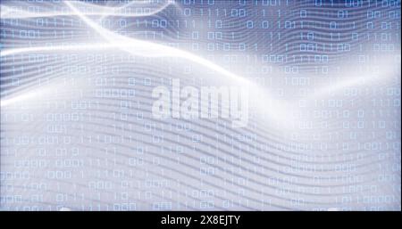 Bild von Looping-Binärcodes und dynamischem Wellenmuster über abstraktem Hintergrund Stockfoto