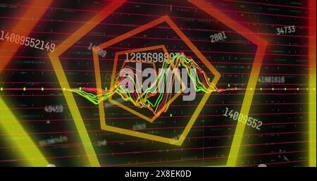 Bild eines sechseckigen Neontunnels im nahtlosen Muster gegen Zahlenwechsel und Datenverarbeitung Stockfoto