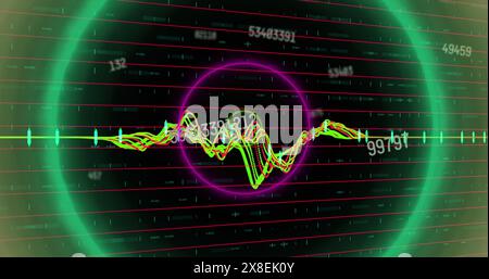 Bild kreisförmiger Neonformen in nahtlosem Muster gegen wechselnde Zahlen und Datenverarbeitung Stockfoto