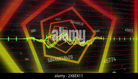 Bild eines sechseckigen Neontunnels im nahtlosen Muster gegen Zahlenwechsel und Datenverarbeitung Stockfoto