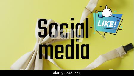 Bild von Social-Media-Text und Like-Symbol über Fliege auf gelbem Hintergrund Stockfoto