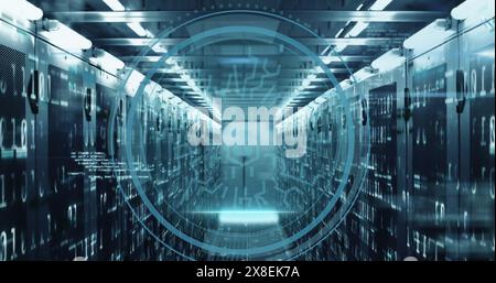 Abbildung: Schildsymbol und Datenverarbeitung über Computerservern Stockfoto