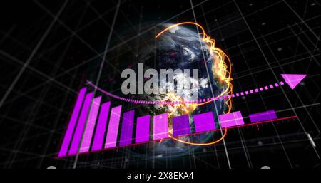 Abbildung des Pfeils auf Balkendiagrammen und Linien auf rotierendem Globus auf schwarzem Hintergrund Stockfoto