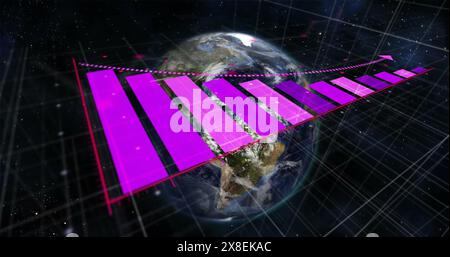 Bild des Pfeils auf Balkendiagrammen und des rotierenden Globus über schwarzem Hintergrund Stockfoto