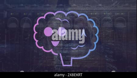 Bild eines lächelnden Gehirns über Computersprache gegen Kabel Stockfoto