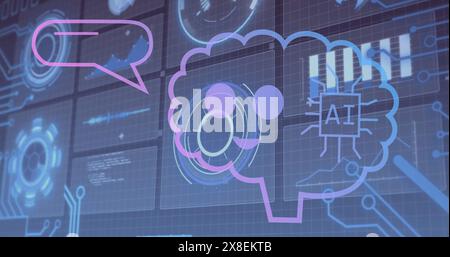 Bild des Ai-Textes im Gehirn, in der Sprechblase, in Diagrammen, im Globus und in den Ladekreisen Stockfoto