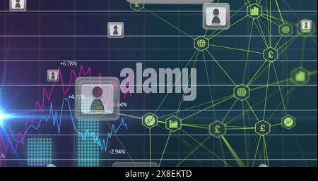Bild von verbundenen Symbolen, Profilsymbolen, Diagrammen mit wechselnden Zahlen über abstraktem Hintergrund Stockfoto