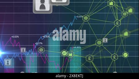 Bild von verbundenen Symbolen, Profilsymbolen, Diagrammen mit wechselnden Zahlen über abstraktem Hintergrund Stockfoto