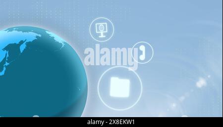 Bild einer sich drehenden Kugel mit verschiedenen Symbolen für mobile Anwendungen auf blauem Hintergrund Stockfoto