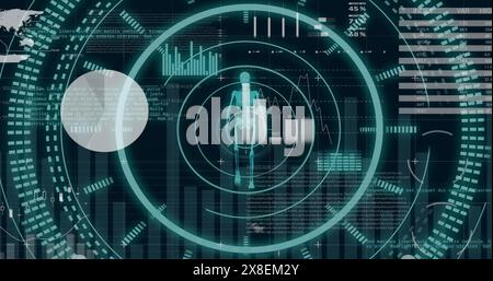 Bild der finacialen Datenverarbeitung und Scope-Scans mit menschlichem Skelett auf schwarzem Hintergrund Stockfoto