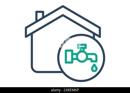 Symbol Wasserversorgung. Haus mit Wasserhahn. Symbol für Dienstprogramme. Liniensymbolstil. Utilities Elemente Vektorillustration Stock Vektor