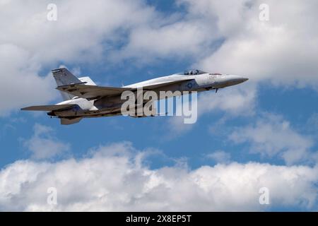 Eine F/A-18E Super Hornet der United States Navy von VFA-122 fliegt am 11. April 2024 über die Sidewinder Route in der Nähe von Kernville, CA. (John Geldermann) Stockfoto