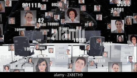 Bild eines Netzwerks von Profilsymbolen und sich ändernden Zahlen über leerem Büro und sich drehender Globus Stockfoto