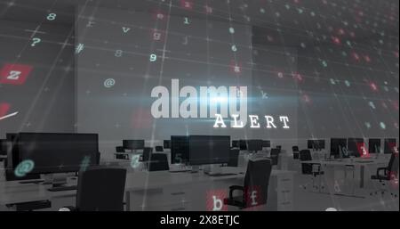 Bild von goldenem Konfetti, das über die Datenverarbeitung im Bereich Cybersicherheit gegen leeres Büro fällt Stockfoto