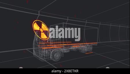 Bild des Warntextes 3D Automodell über Gitter auf schwarzem Hintergrund Stockfoto