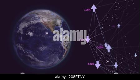 Bild einer Kugel mit digitalen Symbolen und einer sich drehenden Kugel vor schwarzem Hintergrund Stockfoto