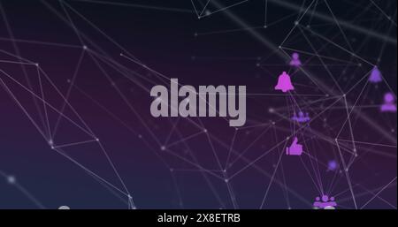 Bild eines Globus mit digitalen Symbolen und einem Netzwerk von Verbindungen, die sich vor violettem Hintergrund drehen Stockfoto