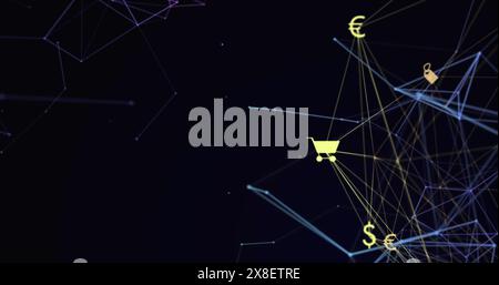 Bild einer Kugel mit sich drehenden digitalen Symbolen und einem Netzwerk von Verbindungen vor schwarzem Hintergrund Stockfoto