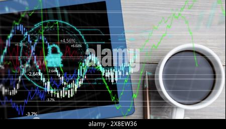 Computerbildschirm mit Börsendiagrammen auf blauem Hintergrund Stockfoto
