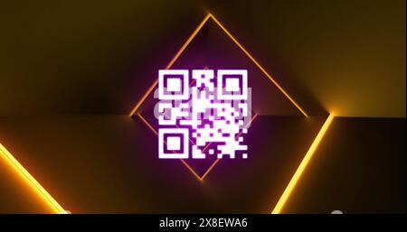 Abbildung: Flackernder qr-Code über Neonlichtern Stockfoto