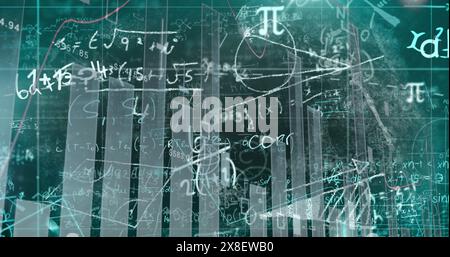Bild der statistischen Datenverarbeitung und mathematischen Gleichungen vor grünem Hintergrund Stockfoto