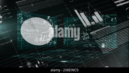 Bild der statistischen Datenverarbeitung und Bildschirme mit mathematischen Gleichungen auf schwarzem Hintergrund Stockfoto