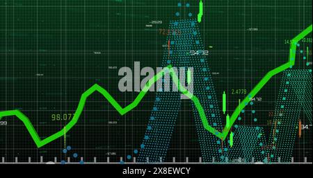 Bild eines Liniendiagramms, das den Fortschritt in Diagrammen und die Änderung von Zahlen im Rastermuster zeigt Stockfoto