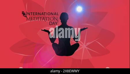 Bild des Meditationstags Textbanner und Silhouette der Frau in Yoga-Pose auf floralem Hintergrund Stockfoto