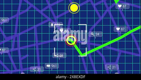 Bild von Social-Media-Symbolen über den Linien der Navigationskarte vor blauem Hintergrund Stockfoto