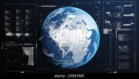 Abbildung von Diagrammen, Ladebalken und Kreisen über rotierendem Globus vor abstraktem Hintergrund Stockfoto