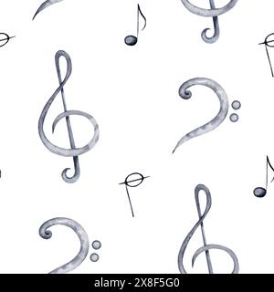 Nahtlose Höhen und Bassschlüsselsymbol. Klassische Notennotizen und Notentapete. Handgezeichnete Aquarellillustration isoliert Stockfoto