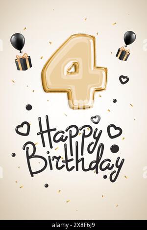 Feierlichkeiten zum 4. Geburtstag. Goldenes Konfetti, alles Gute zum Geburtstag. 3D-Rendering Stockfoto