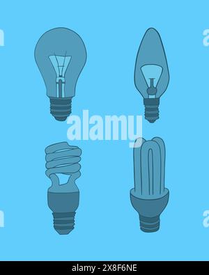 Vektor-isolierte Darstellung eines Satzes von Glühlampen verschiedener Typen. Energieeinsparung. Energiesparlampen. Eine Alternative zum Austausch von Glühlampen. Stock Vektor
