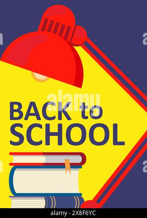 Back to School minimalistisches Poster- oder Bannerkonzept. Rote Schreibtischlampe über kreativer Typografie zurück zur Schule und Stapel Bücher. Stock Vektor