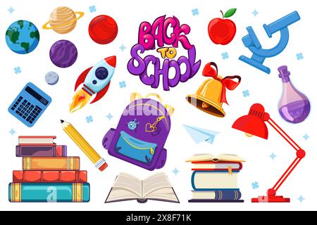 Back to School Design-Elemente, Sammlung beliebter Schulutensilien. Stock Vektor