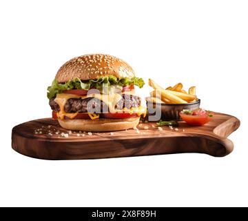 Klassischer Cheeseburger auf Holz und Gurken. Käse, Tomaten, Zwiebeln. Salat, Senf und Ketchup isoliert auf weißem Hintergrund. Frischer, leckerer Burger Stockfoto