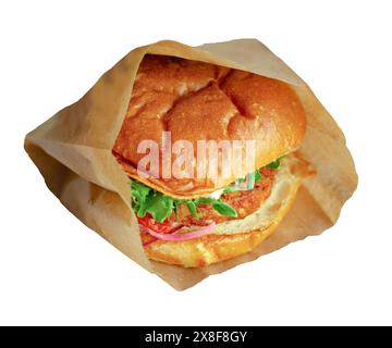 Frischer leckerer Burger und Pommes Frites in Papier isoliert auf weißem Hintergrund, Blick von oben. Frischer leckerer Hamburger. Großer frischer Burger mit Fleisch und Käse Stockfoto