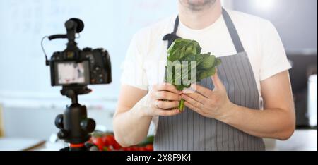 Küche Vlogger Holding grüne Sauerklee Blatt Bündel Stockfoto