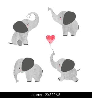 Set niedlicher Zeichentrickfilme Baby Elefanten. Vektor kindliche Aquarellillustration Stock Vektor