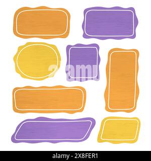 Satz handgezeichneter Rahmen. Handgezeichnete Textbox-Sammlung. Doodle-Aufkleber mit Holzstruktur Stock Vektor