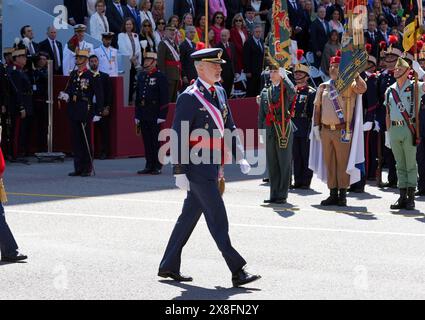 Oviuedo, Spanien. Mai 2024. Der spanische König Felipe VI. Und Königin Letizia während des spanischen Nationalwaffentages 2024 in Oviedo am Samstag, den 25. Mai 2024. Quelle: CORDON PRESS/Alamy Live News Stockfoto