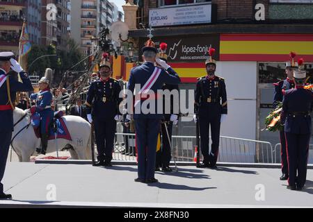 Oviuedo, Spanien. Mai 2024. Der spanische König Felipe VI. Und Königin Letizia während des spanischen Nationalwaffentages 2024 in Oviedo am Samstag, den 25. Mai 2024. Quelle: CORDON PRESS/Alamy Live News Stockfoto