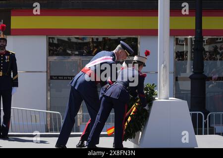 Oviuedo, Spanien. Mai 2024. Der spanische König Felipe VI. Und Königin Letizia während des spanischen Nationalwaffentages 2024 in Oviedo am Samstag, den 25. Mai 2024. Quelle: CORDON PRESS/Alamy Live News Stockfoto