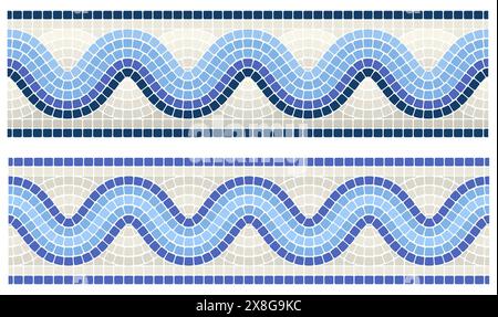 Mosaikwellenverzierung, nahtlose wellenförmige Grenzlinie mit portugiesischem Muster, Rahmentessellation, Vektor Stock Vektor