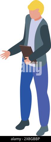 Isometrischer Geschäftsmann, der ein Tablet für professionelle Kommunikation und Vernetzung in einem modernen Büro verwendet, steht und Gesten mit farbenfroher digitaler Illustration Stock Vektor